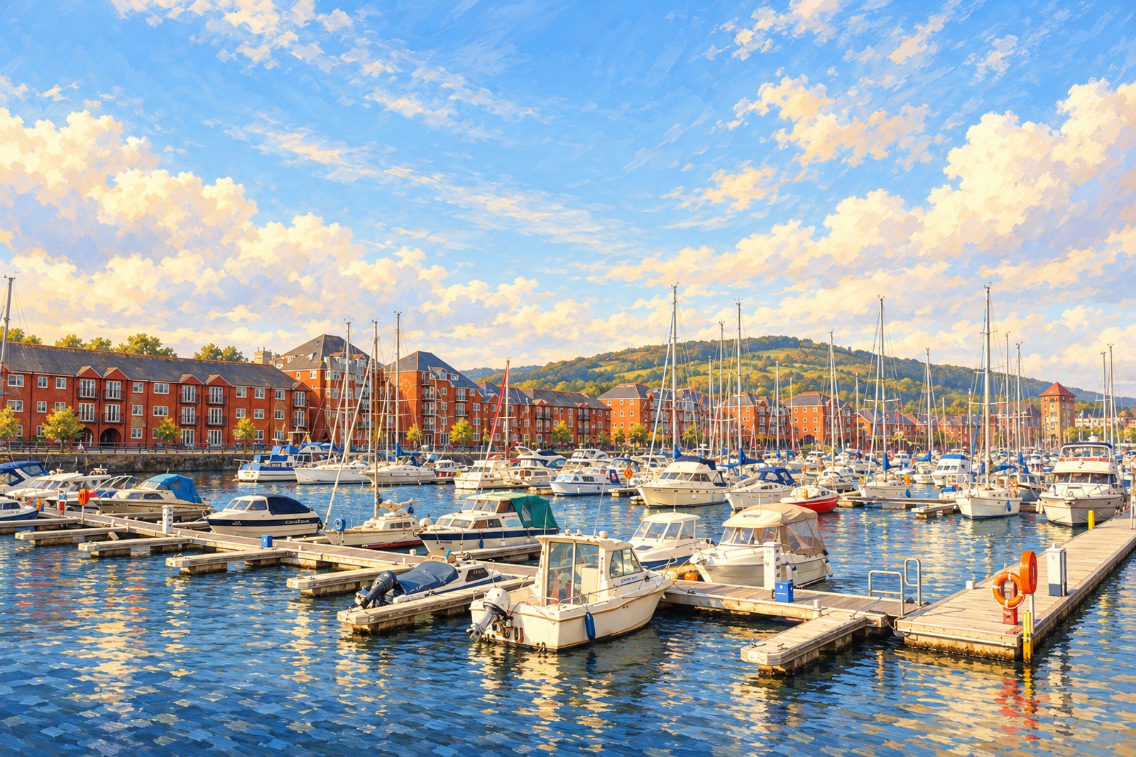 Artist's impression of Swansea Marina, with boats and redbrick waterfront buildings
